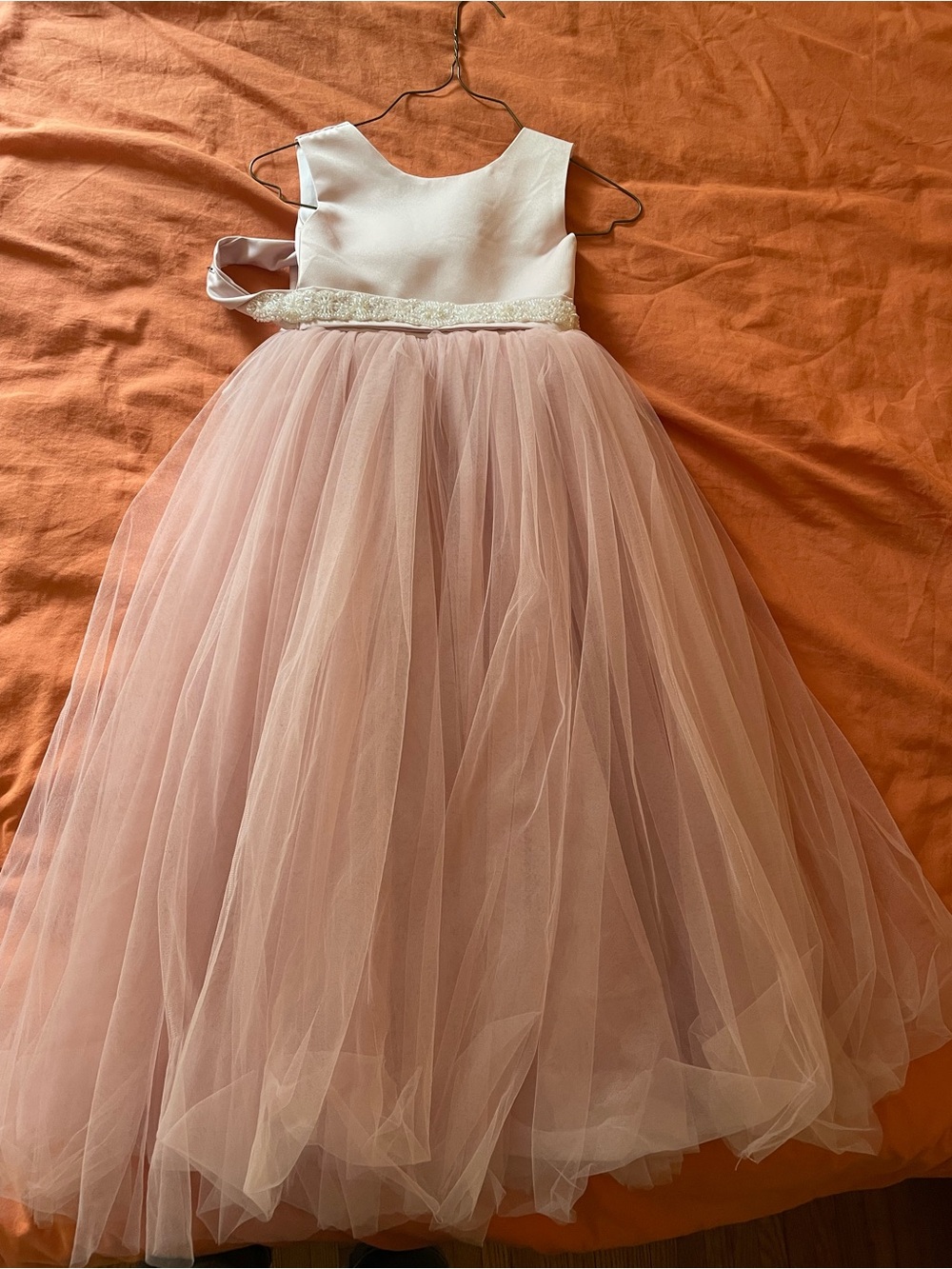 Hand made Pale pink satin and tulle flower girl gown size 6